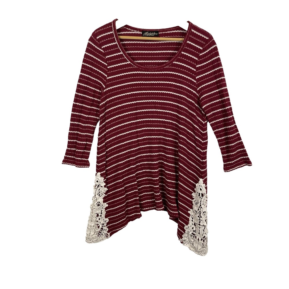 Absolutely Famous Women's Knit Shirt Size 1X Burgandy Crochet Lace Cottagecore‎